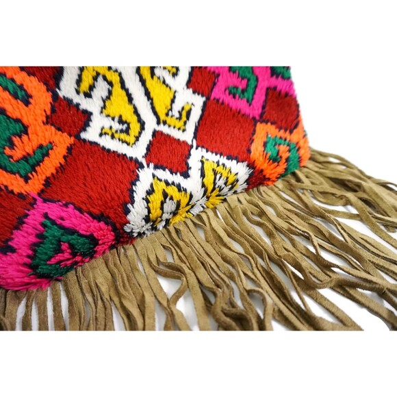 Moroccan Vintage Bag Suede Leather Fringe Clutch Kilim Rug - Picture 9 of 9